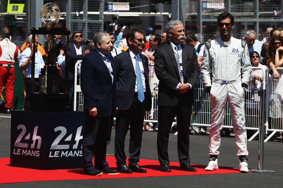 Il presidente della Fia,  Jean Todt, il presidente ACO  Pierre Fillon,  Chase Carey e Mark Webber prima del via della 24 Ore. Getty